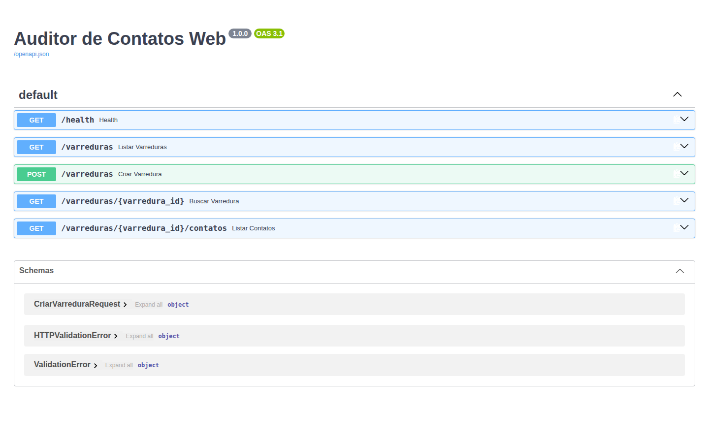 Interface do projeto Auditor de Contatos Web